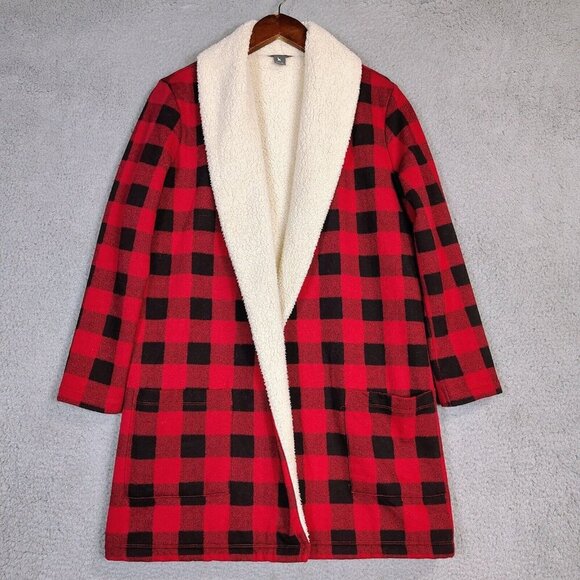 Eddie Bauer Sweaters - Eddie Bauer Cardigan Women Small Red Black Buffalo Check Sherpa Lined Open Front